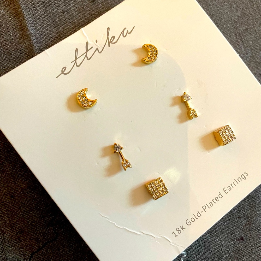 Ettika 18kt Gold-Plated w/ Crystal Stud Earrings Set Moon/Arrow/Square NWT